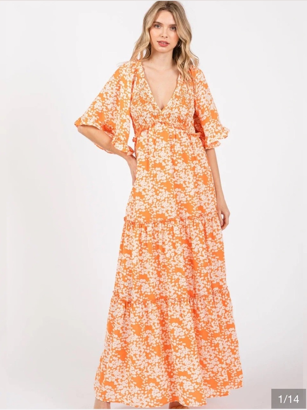 She + Sky Orange and White Floral V-Neck Tiered Maxi Dress